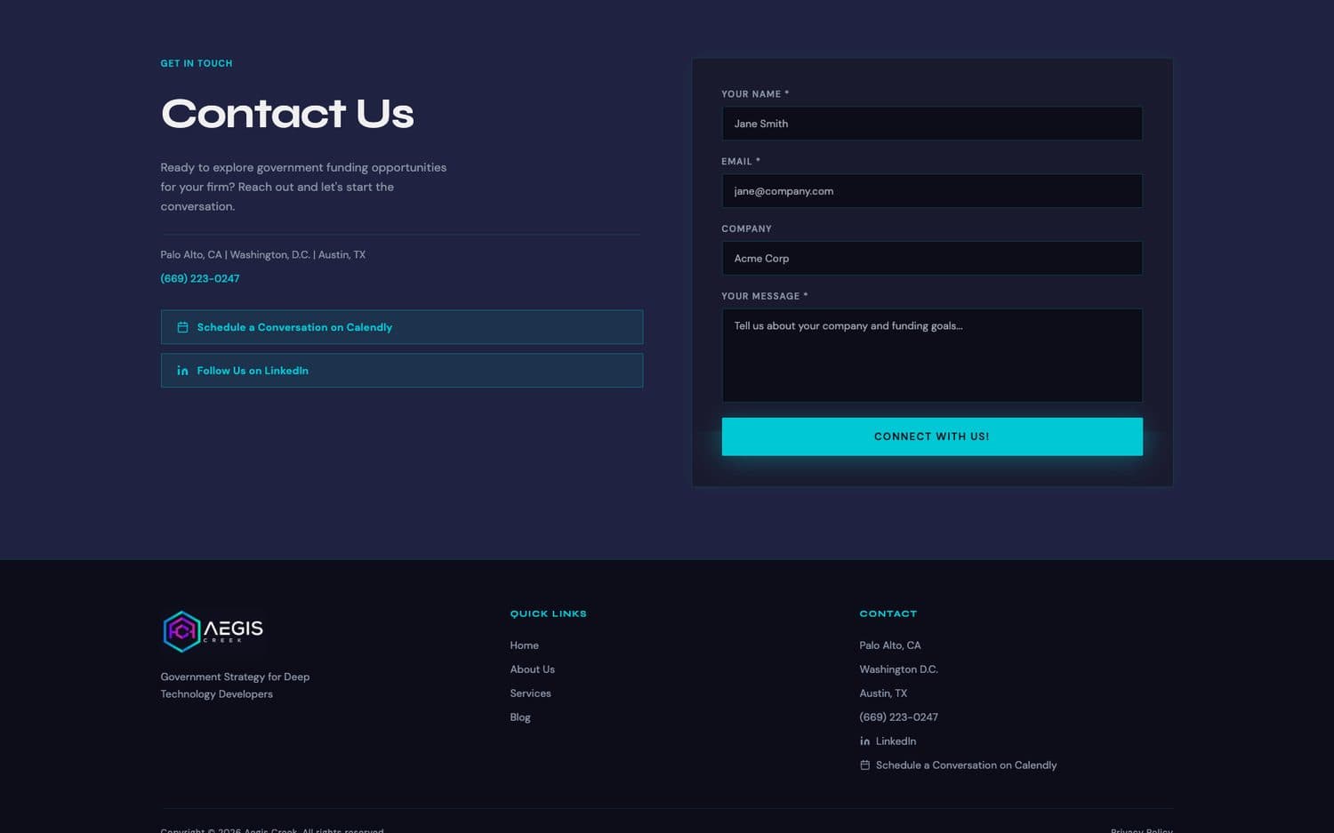 Aegis Creek — Contact · booking-first path